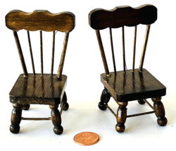 2 Miniature Dollhouse Vintage Brown Wood Spindle Back Chairs 3-3/8&quot; Tall - £9.40 GBP