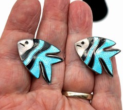 Sterling Silver &amp; Guilloche Enamel Angel Fish Earrings Blue &amp; Black from Mexico - £21.52 GBP