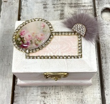 Shabby Pink White Porcelain Cameo Rhinestone Wood Jewelry Box Tiered Tray Décor - £55.94 GBP