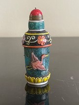 Chinese Peking Glass Snuff Bottle with 2 Overlay Cranes Decoration - £50.84 GBP