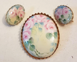 VINTAGE Porcelain Jewelry LOT = Pink Roses Cameo PIN &amp; Clip On EARRINGS - £18.72 GBP
