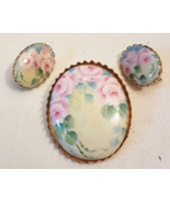 VINTAGE Porcelain Jewelry LOT = Pink Roses Cameo PIN &amp; Clip On EARRINGS - £18.56 GBP