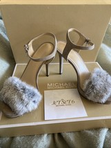 MICHAEL KORS Faye Embellished Suede Fur Evening Sandal Shoes Gray Size 6.5 NEW - £54.88 GBP