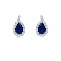 Blue Sapphire Stud Earrings with Diamond in 14K Gold (AA, 6x4MM) - £867.20 GBP
