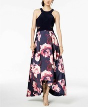 Xscape Women 10 Navy Pink Floral Sleeveless High Neck Pleated Gown Dress... - $72.95