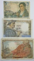 FRANCE LOT OF 3 BANKNOTES 5, 10 AND 20 FRANCS 1942 - 1949  CIRCULATED VE... - $46.36