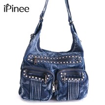 Fashion Denim Jean Bags Female Multiple Pockets Shoulder Bags Diamante Women Bag - £72.33 GBP