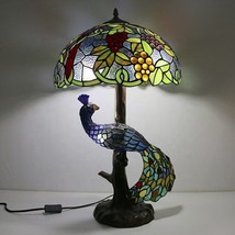 Peacock Base Grape Leaf Tiffany Table Lamp Stained Glass 16 inch Home Lighting - £417.85 GBP