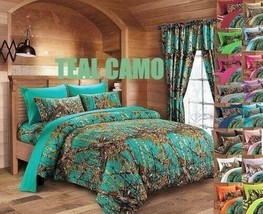 3 PC TEAL CAMO COMFORTER BED SPREAD QUEEN CAMOUFLAGE BLUE GREEN HUNT WOO... - £65.67 GBP