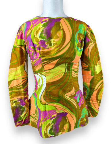 Primary image for Vtg 60s 70s Multi Swirl Mod GoGo Tunic Dress Retro Groovy Zipper Back 32” Bust