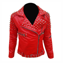 Red Real Cow Leather Jacket Cowboy Genuine Leather Jacket Studs Heavy Du... - $199.99