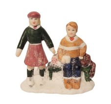 Vintage Christmas Village Girl Standing &amp; Boy Sitting on Bench Ice Skates Figure - £12.01 GBP