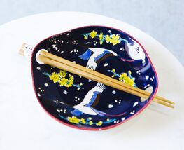 White Crane In Blue Sky Small Appetizer Coupe Plate Flat Bowl W/ Chopsti... - $18.49