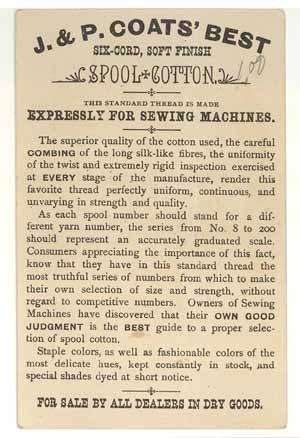 J P Coats Thread Victorian trade card original spool cotton bonnet advertising  Item image 2