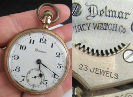 23 jewel pocket watch &quot;DELMAR&quot; Tacy Watch Co FAHY&#39;S 14k gold filled WORKS! - £183.38 GBP