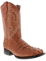 Mens Cognac Cowboy Boots Real Leather Embossed Crocodile Tail Western Square Toe - £71.66 GBP