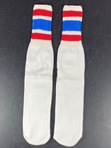 Vintage Tube socks 18&quot; Long 2 color 3 stripes Red Blue Knit Over the Calf - £7.72 GBP