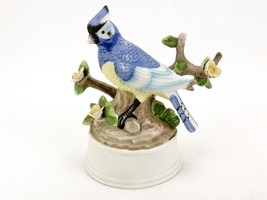 Porcelain Figurine Music Box, Love Story Theme, Blue Crested Bird, Matte Bisque - £23.21 GBP