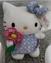 NWT Sanrio Hello Kitty 2024 Easter Pink Blue Yellow Plaid Dress Flower Plush 8&quot; - £15.92 GBP