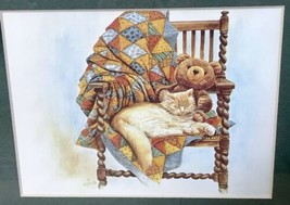 Vintage Framed Sleeping Kitty Cat In Chair With Quilt And Teddy Bear Art Print - £10.36 GBP