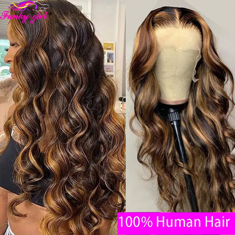 4/27 Highlight Body Wave Wig Human Hair Lace Wigs Brazilian Body Wavy 13*1 - £52.08 GBP+