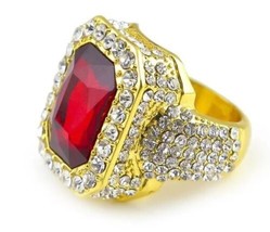 14K Gold Plated Iced CZ Cubic Zirconia Red Ruby Ring Size 11 Fits Most USA - £8.59 GBP