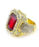 14K Gold Plated Iced CZ Cubic Zirconia Red Ruby Ring Size 11 Fits Most USA - $207.14 MXN