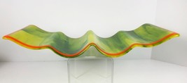 Wavy Fused Studio Art Glass Tray Condiment Tidbit Serving Trinket Green Orange - $29.69