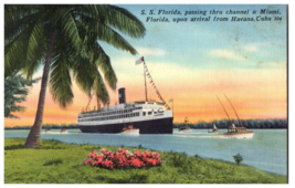 SS Florida passing thru channel at Miami Florida Postcard Posted 1957 - £5.20 GBP