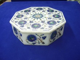 6&quot;x6&quot;x2&quot; White Marble Jewelry Box Lapis Lazuli Inlay Floral Handicraft Design - £269.71 GBP