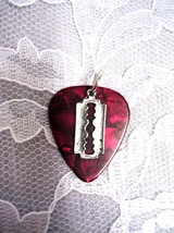 DEEP RED GUITAR PICK w SMALL RAZOR BLADE PEWTER CHARM PENDANT ADJ NECKLACE - $6.99 CAD