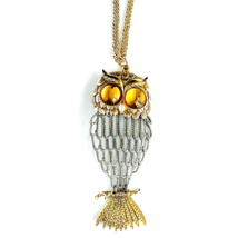 Owl Necklace 3.5” Pendant Gold Tone Gun Metal 24” Chain Reticulated READ - £11.08 GBP