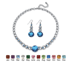 Round Simulated Birthstone September Sapphire Necklace Drop Earrings Silvertone - £80.60 GBP