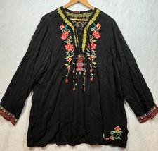 Johnny Was Suko Tunic Top Black Embroidered Floral Tie Neck Boho Shirt W... - €63,43 EUR