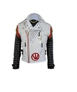 Mens Handmade Victor Luna Full Studded Spike White Black Contrast Leathe... - $376.46 CAD