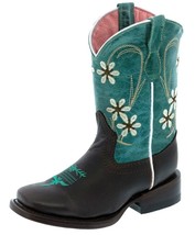 Kids Girls Leather Western Boots Teal Leather Flower Square Toddler Size... - $54.99
