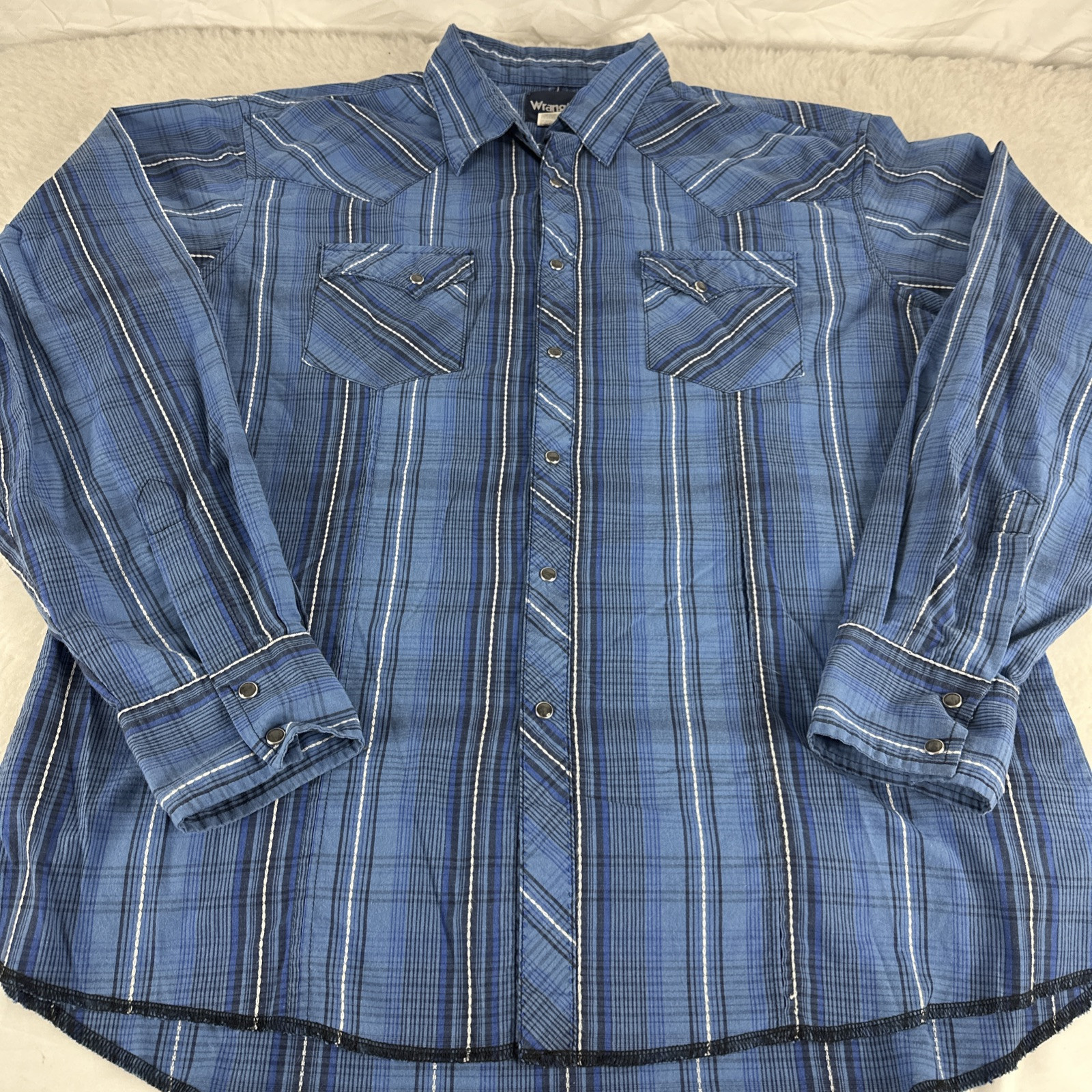 Wrangler Wrancher Shirt Men’s XL Blue Black Pearl Snap Western Tall Plai... - $13.96