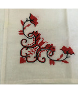 vintage white open weave table runner with red black embroidered floral ... - $19.75
