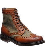 Men&#39;s Brown Green Tweed chestnut calf Leather High Ankle Brogue Toe Lace... - £126.34 GBP