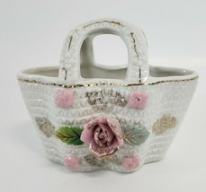 Vintage Weaved Porcelain Basket Figurine with 3D Pink flowers - £12.02 GBP