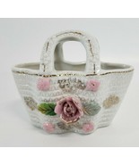 Vintage Weaved Porcelain Basket Figurine with 3D Pink flowers - £11.81 GBP