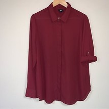 BURGUNDY Blouse Women’s XXL TwoButton Down Roll Up Sleeve Relaxed Loose Fit - £23.48 GBP