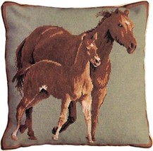 Throw Pillow Needlepoint Quarter Horses Horse Right 20x20 Sage Green Wool - $309.00