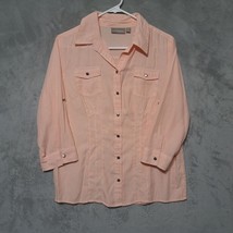 Croft &amp; Barrow Womens Snap Up Shirt Top Medium Orange Stripe 3/4 Sleeve Pintuck - £20.90 GBP