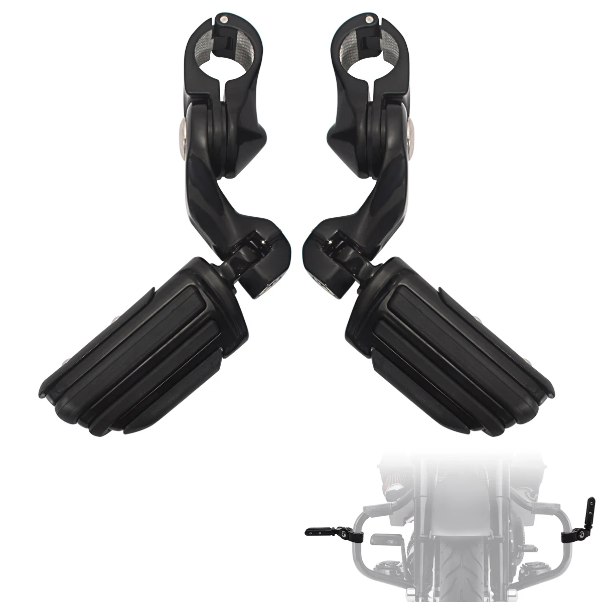 Chrome Black Motorcycle Highway Foot Pegs Footrest 1 1/4&quot; Engine Guard Mounts - £34.38 GBP+