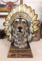 Rustic Western Tribal Indian Warrior Chief Headdress Wolf Figurine With Base - £31.96 GBP