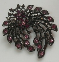 Vintage Signed KC Floral Brooch Black Metal W/Purple &amp; Pink Rhinestones - $34.65