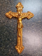 12” Brass Bronze Crucifix Jesus On Cross Wall Hanging Gold Colored - $24.74