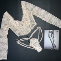 Victoria&#39;s Secret Long-sleeve Top S,M,L Bra Set+M Panty Cream Beige Crystallized - £116.76 GBP