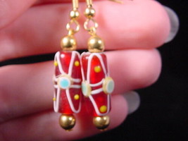 (EE-504-45) RED white stripes  DOT glass long dangle earrings lampwork SPOTS - £9.60 GBP